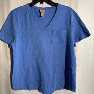 Chico’s Size 2 Blue V Neck Tee Shirt Pocket Casual Lightweight